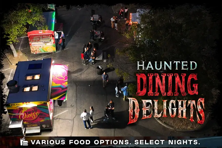 Outdoor food court area at Sacramento Scream Park during Haunted Dining Delights