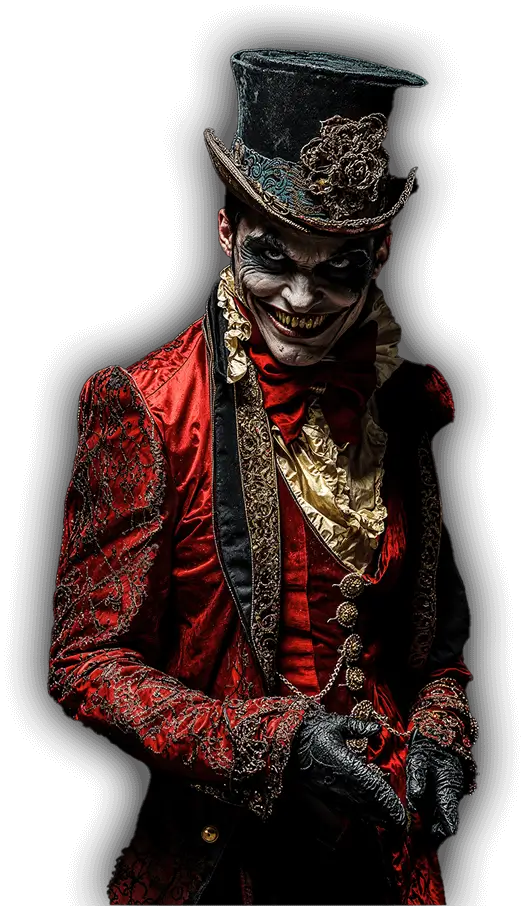 Creepy ringmaster character from Sacramento Scream Park haunted circus attraction