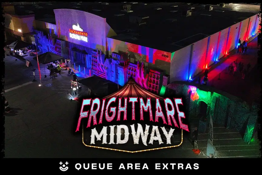 Frightmare Midway queue zone with games, food, and live scares at Sacramento Scream Park