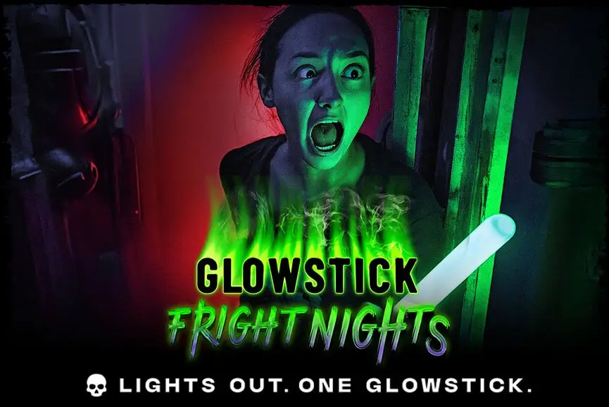 Glowstick Fright Nights event at Sacramento Scream Park where guests brave the dark with one glow stick