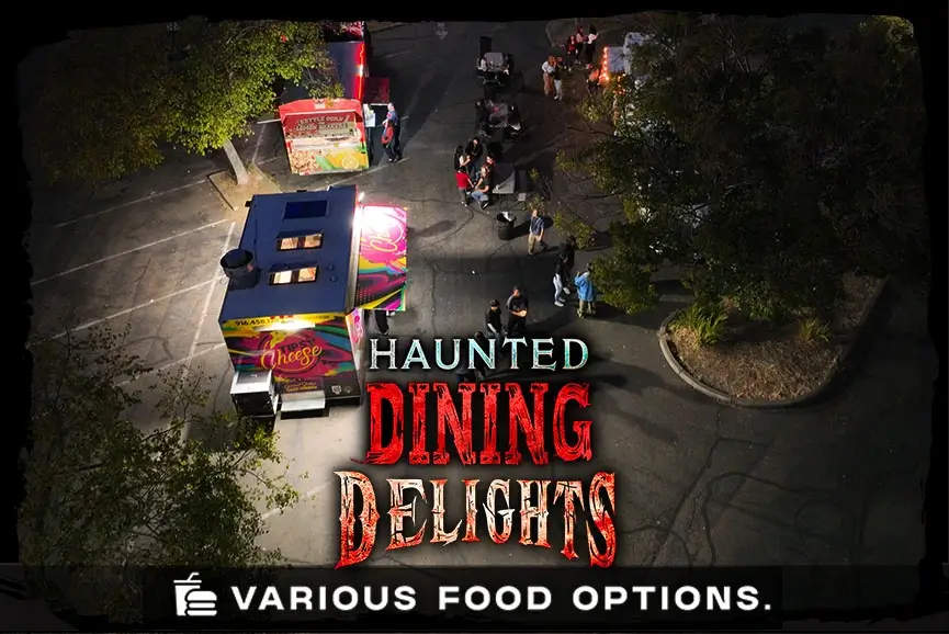 Outdoor food court area at Sacramento Scream Park during Haunted Dining Delights
