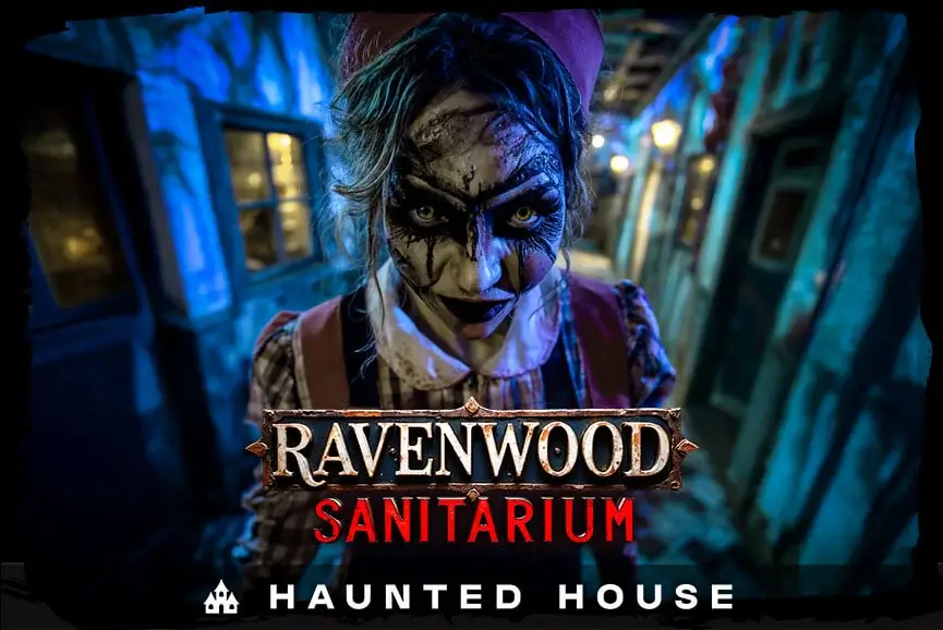 Ravenwood Sanitarium haunted hospital maze at Sacramento Scream Park with terrifying nurse character