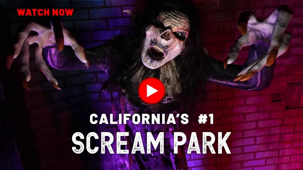 Grinning zombie-clown lunges under red-green haunt lighting with the words “California’s #1 Scream Park – Watch Now” beside it.