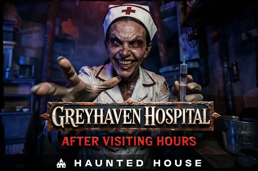 Greyhaven Hospital: After Visiting Hours Creepy nurse holding a syringe inside the Greyhaven Hospital haunted house at Sacramento Scream Park.