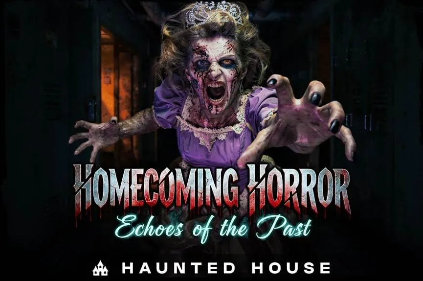 Homecoming Horror: Echoes of the Past Zombie homecoming queen reaching toward guests in the Homecoming Horror haunted house at Sacramento Scream Park.